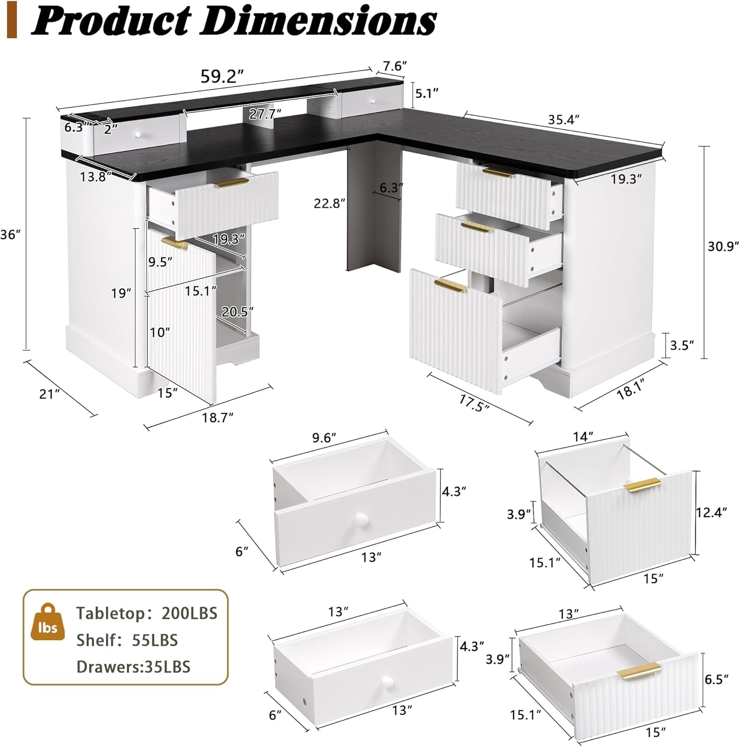 59'' Fluted Executive L Shaped Desk, Computer Corner Desks with Power Outlets, Extra Large Storage Drawer & Cabinet, Home Office Writing Desk for Study Bedroom,White