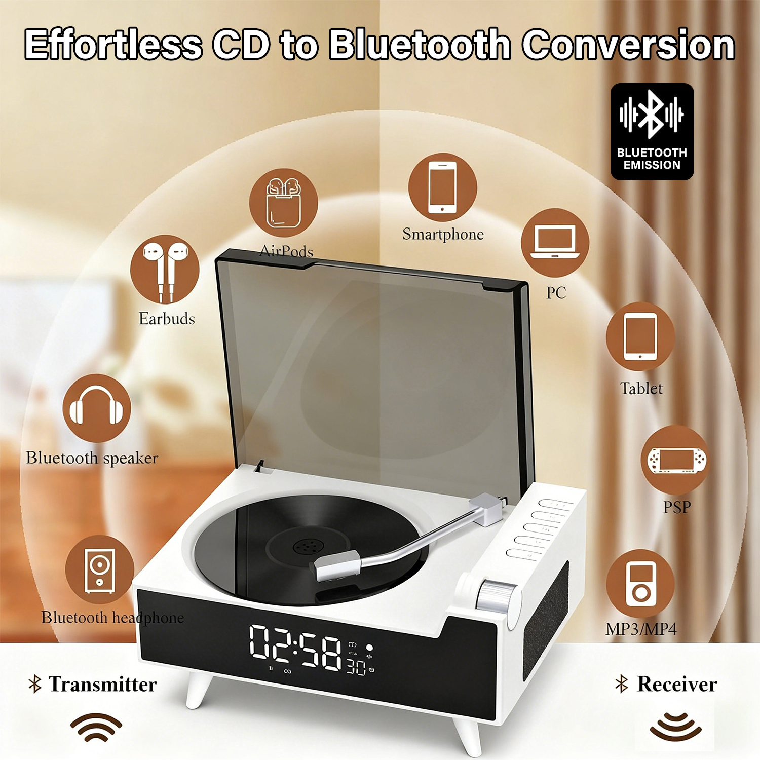 ST-CARE Rechargeable Vintage Portable CD Player with Bluetooth for Home, White