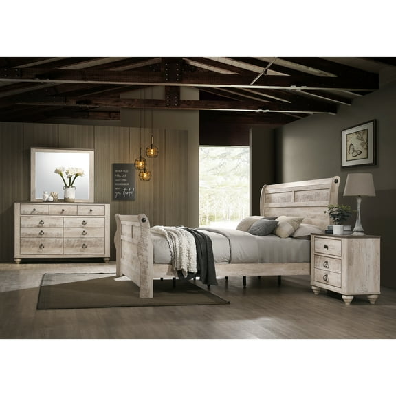 Queen Bed Bedroom Furniture With Dresser, Mirror, Nightstand In White Wash Contemporary Furniture: Bed, Spacious Style