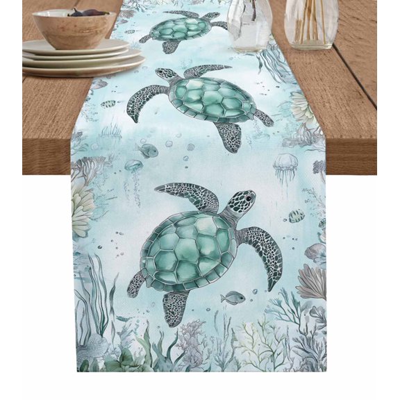 Boanket Coastal Sea Turtle Table Runner - 48 Inch Long, Kitchen Dining Table Runner Dresser Scarves, Nautical Marine Jellyfish Coral Farmhouse Decor for Coffee Tables Wedding Party Banquet