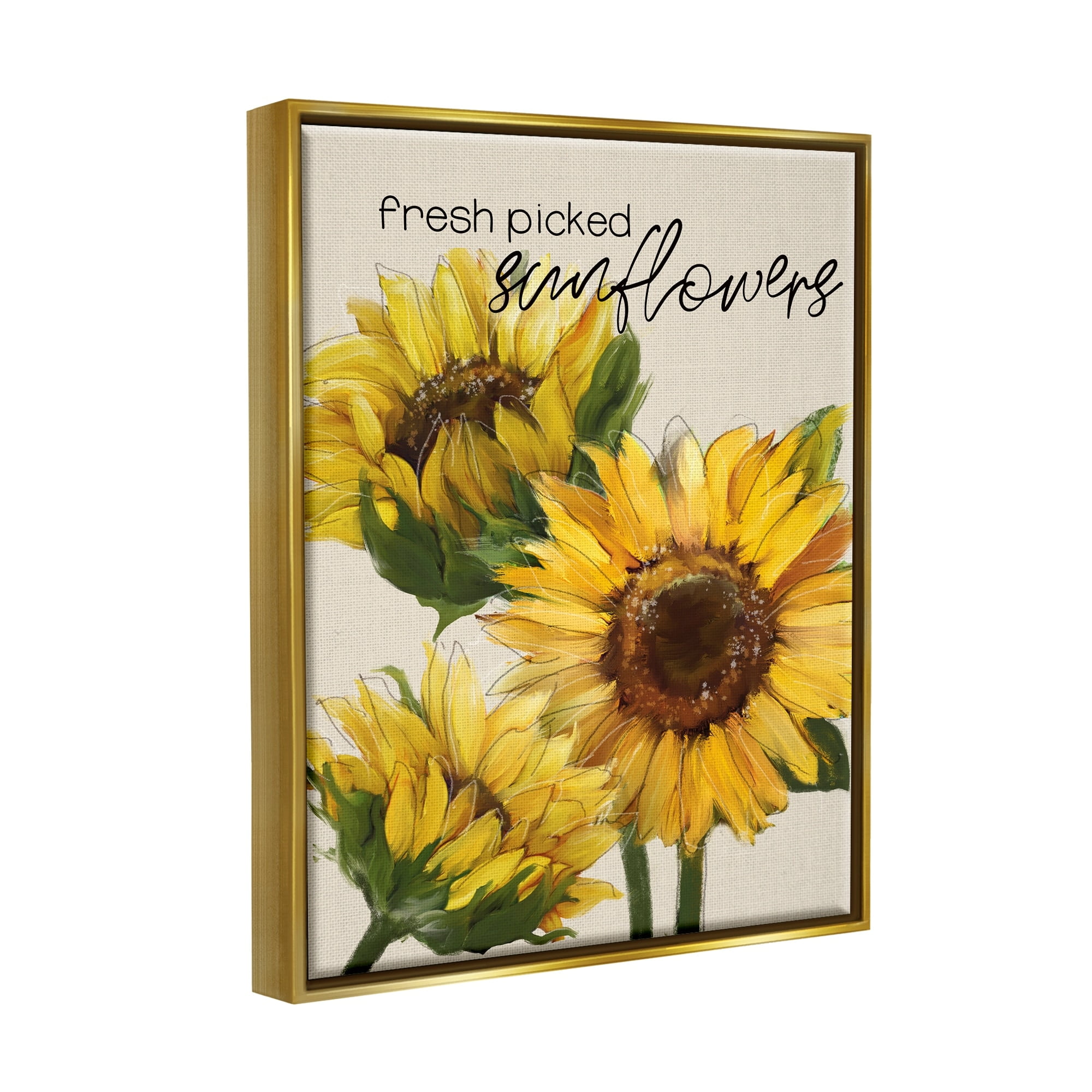 Stupell Industries Fresh Picked Sunflowers Calligraphy Vivid Yellow Blossoms Graphic Art Metallic Gold Floating Framed Canvas Print Wall Art, Design by Conrad Knutsen