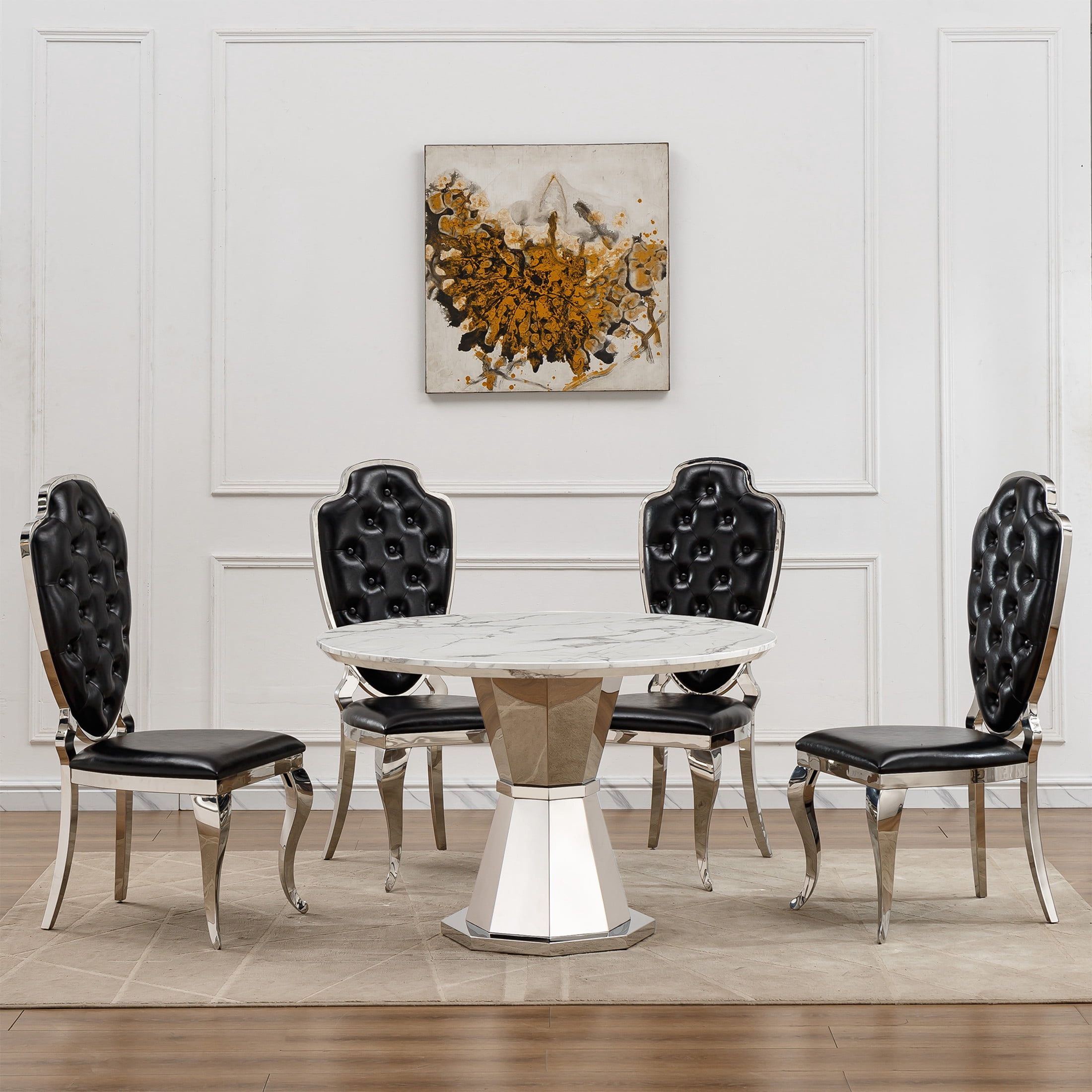 Noble House Modern 47" Round Faux Marble Dining Table with Stainless Steel Base, for Kitchen, Gloss White & Silver