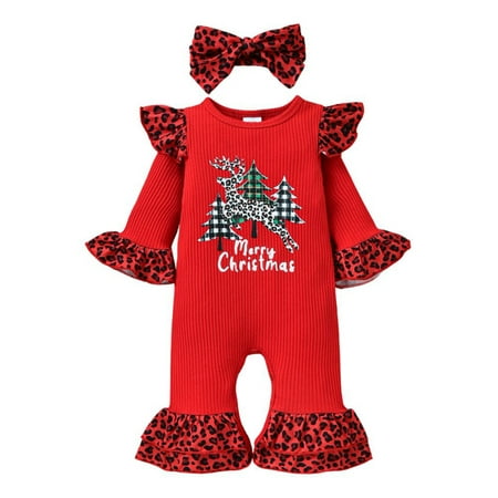 

SYNPOS Newborn Baby Girl Leapard Ruffle Sleeve Jumpsuit 2PC Christmas Outfits