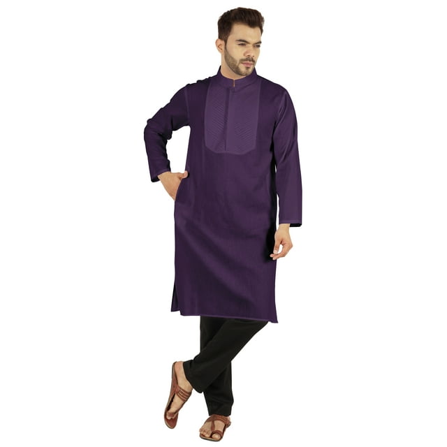 Atasi Indian Solid Kurta Pajama Set For MensMandarin Collar Casual Long-Wear Kurta