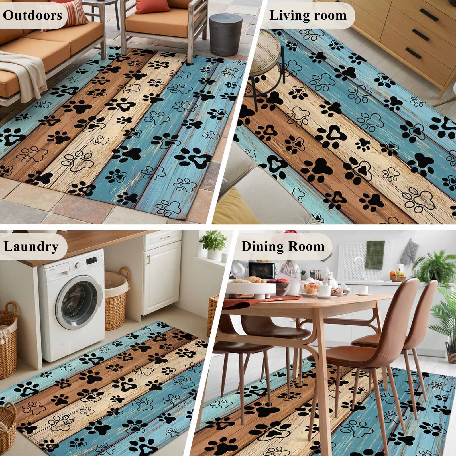 Area Rug for Living Room, Light Blue Brown Non-Slip Indoor Large Carpet for Bedroom/Dining Room, Rustic Farmhouse Dog Paw Vintage Washable Low-Profile Rectangle Floor Mat Runner Rugs - 2.7 x 5 Ft