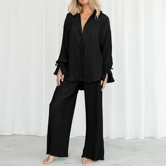 Baqcunre Sweatpants Women Women 2 Piece Outfits Long Sleeve Loose Fit Button Down Shirts Blouses Tops Wide Leg Long Pants Sets Workout Sets For Women Womens Pants Black L