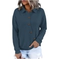 thumbnail image 4 of Hurxie Women's Solid Color Sports Casual Loose Button Lapel Hoodless Sweatshirt Top Navy,M, 4 of 7