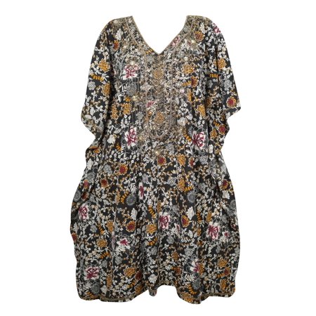 - Mogul Women's Sequin Work Floral Short Caftan Kimono Cover Up Beach Swimwear One Size