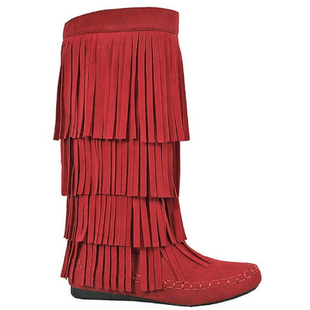 Mudd-55 Womens 4 Layer Fringe Flat Boots Moccasin Mid Calf Comfy Boots Red
