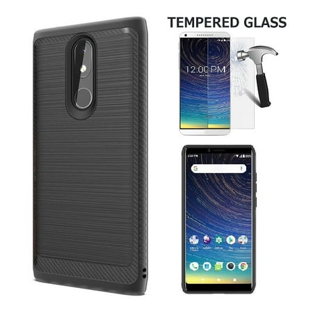 Phone Case for Coolpad Legacy (6.36” Screen), Dual Layer Brushed Design Shockproof Protection Cover Case (Black + Tempered (Best Phone Screen Protector Review)
