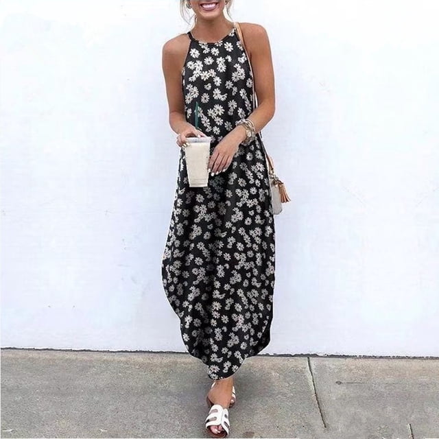 Aqestyerly Robe Longue Décontractée pour Femmes à Col Rond, Dos Nu, à Imprimé Floral, Sans Manches, Fendue