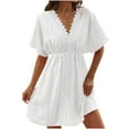 thumbnail image 1 of QIPOPIQ Robe Midi à Col en V pour Femme, Cache-Maillot, Manches Courtes, Dentelle, Été, Tenue de Plage, Décontractée, Cache-Maillots, Liquidation, 1 of 5
