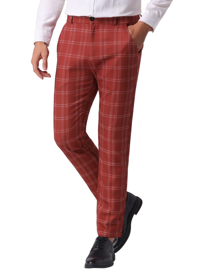 burgundy plaid dress pants Lars Amadeus Men's Plaid Printed Slim Fit Flat Front Business Dress Pants Burgundy 36
