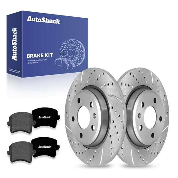 AutoShack 11.81" (299.9 mm) Rear Solid Drilled & Slotted Brake Rotors Coated   Premium Ceramic Brake Pads | Replacement for 2009-2016 Audi A4 | Silver Zinc Coated | 6-PC Brake Kit | SilverShield Pro