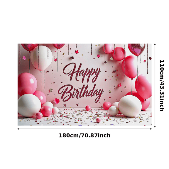 Pink Backdrop Banner with Happy Birthday Text Balloons Stars and Confetti Birthday Party Decoration Photography Props Party Supplies Decor Background