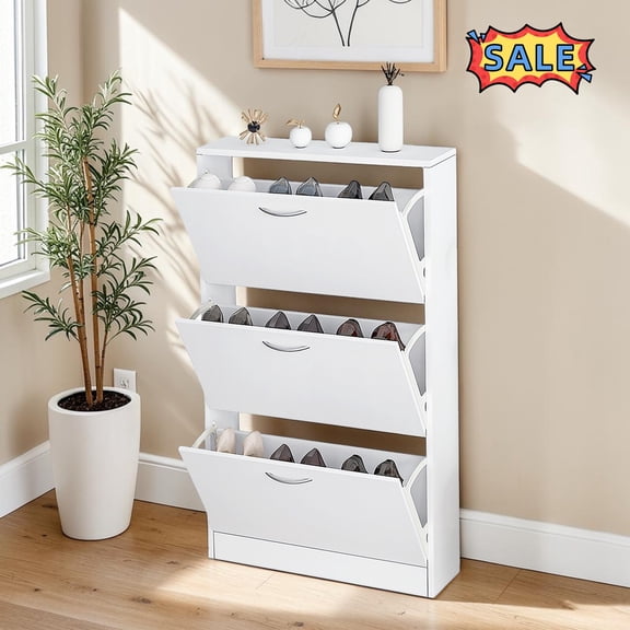 Tcbosik Shoe Cabinet with 3 Flip Drawers, Narrow Hidden Shoe Rack, Freestanding Storage Organizer for Entryway, Hallway, Space Saving, White