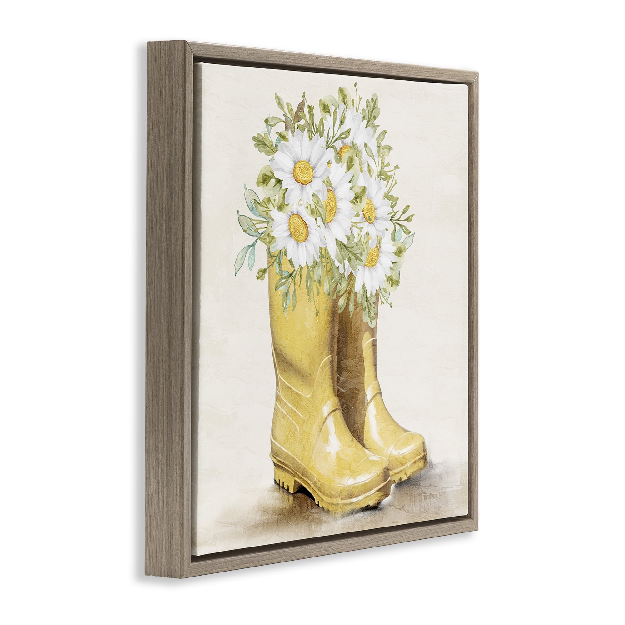Stupell Industries Sunny Garden Boots Botanical & Floral Painting Brown Floater Framed Canvas Art Print Wall Art, 25 x 25