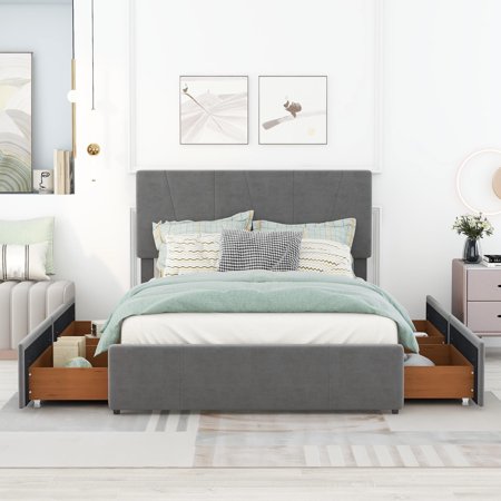 uhomepro Upholstered Platform Bed Frame with 4 Drawers  Full Size Storage Bed Frame with Upholstered Headboard  Heavy Duty Full Bed with Wood Slats Support  No Box Spring Needed  Gray