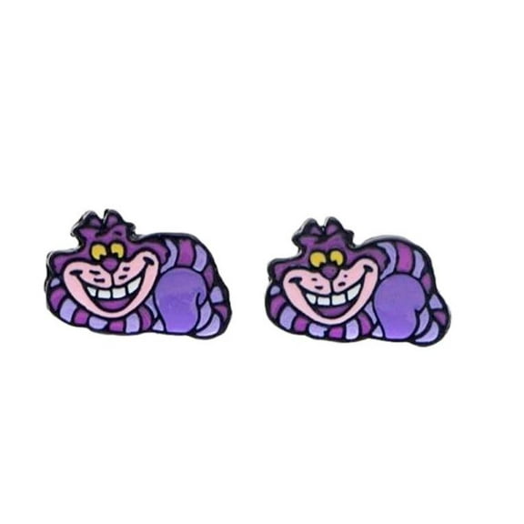 Cheshire Cat Character 1/2 in Tall Metal Enamel Stud Earrings