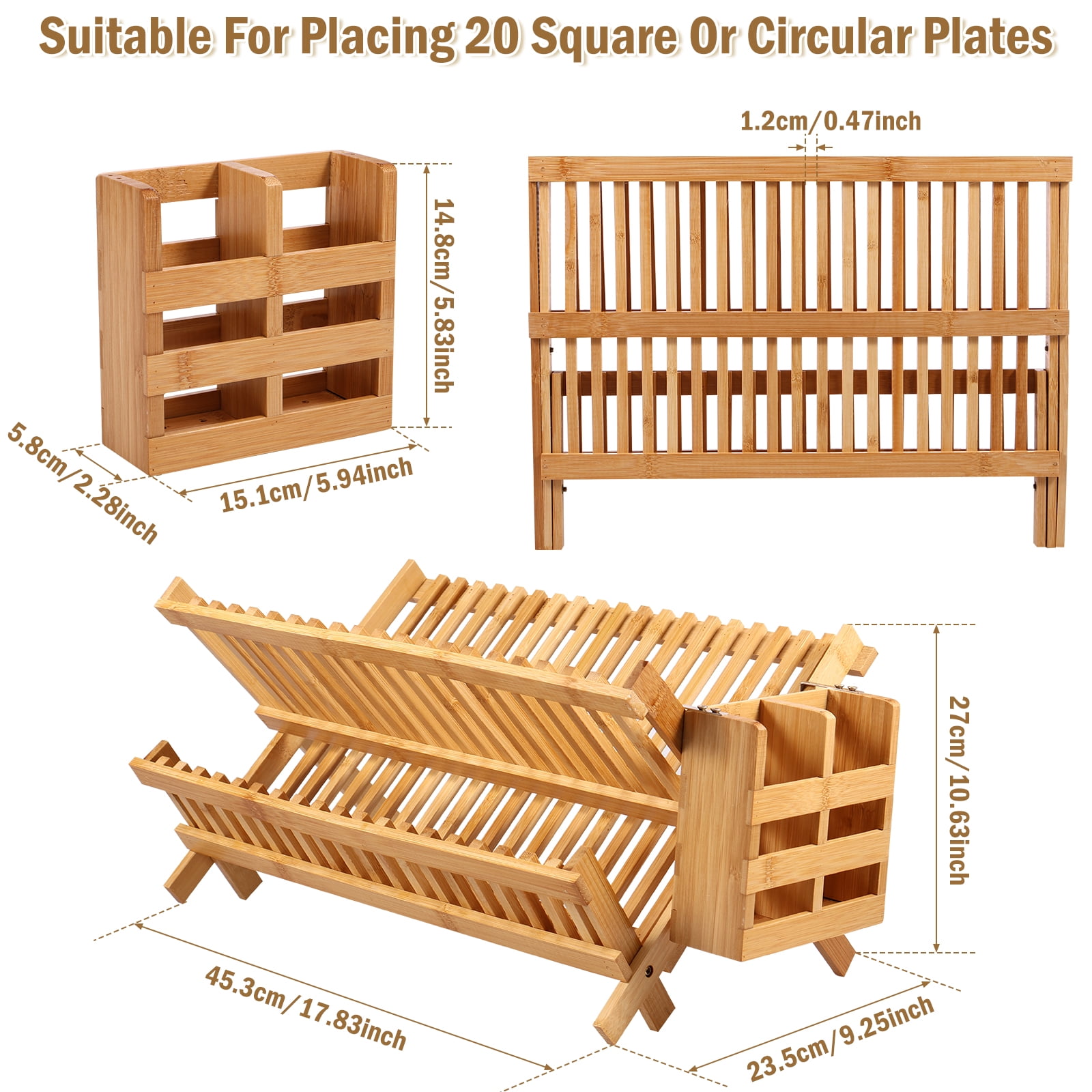 Jetcloudlive Bamboo Dish Drying Rack with Utensil Holder,Collapsible Wooden Dish Drainer Rack,2-Tier Large Folding Drying Holder for Kitchen Counter