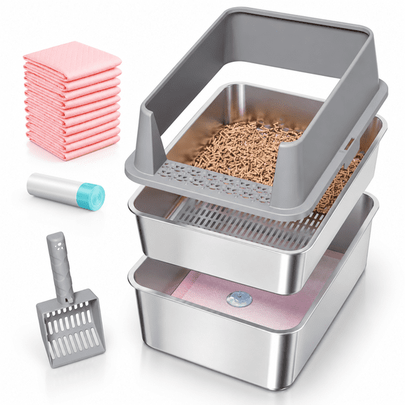Stainless Steel Sifting Cat Litter Box for Pine Wood Pellet Cat Litter