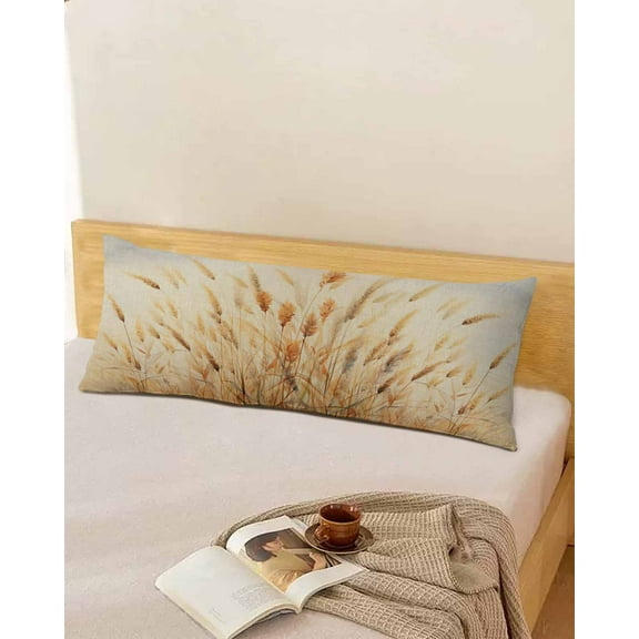 Watercolor Grasslands Reeds Throw Pillow Cover, Orange Wheat Plants Rectangle Decorative Pillow Case Protector Soft Cushion Cover Lumbar Pillowcase for Couch Sofa Bedroom Car Chair Decor 20x54 Inch