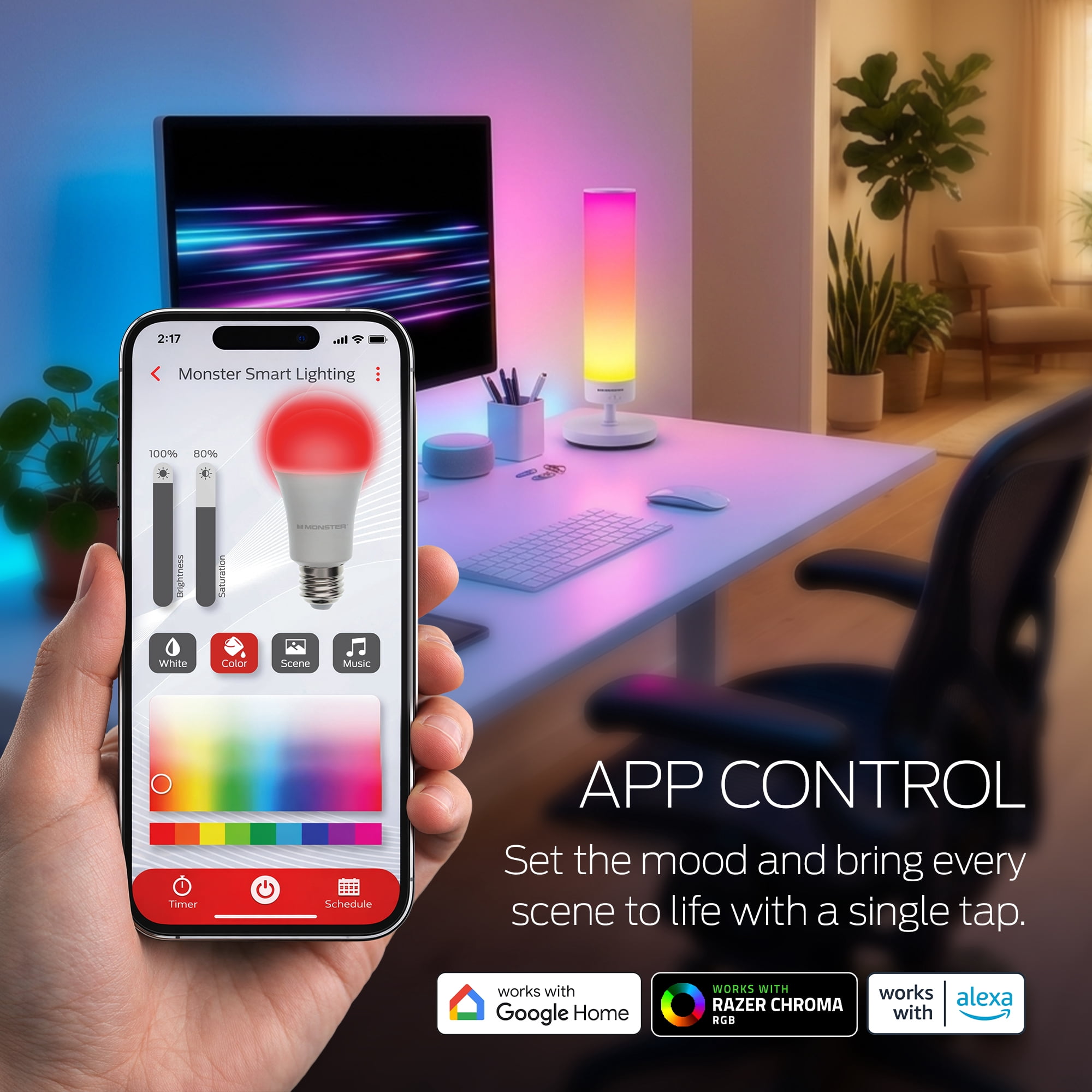 Monster Smart Lighting 2-in-1 RGB+IC Smart Floor Lamp, 5.4 ft Adjustable LED Floor & Table Lamp, Multicolor + Multiwhite, App & Voice Control, Sound Reactive
