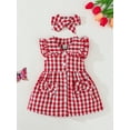 thumbnail image 2 of 18 Months Baby Girls Dress Toddler Girls Summer Plaid Dress 24 Months Girls Flying Sleeve Lapel Dress with Headband Red, 2 of 7