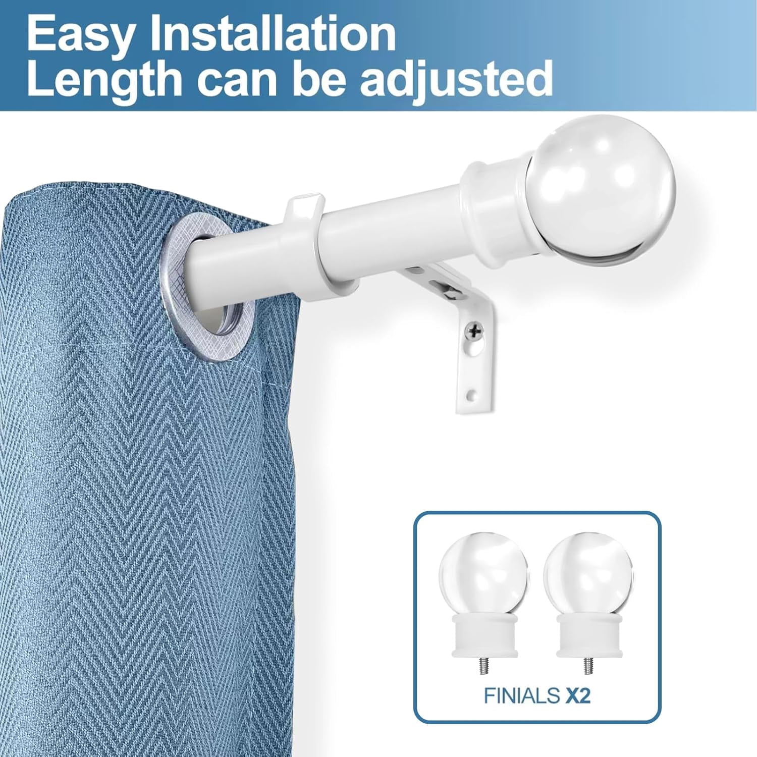 Urbanest Adjustable Single Curtain Rod Set Crystal Ball Finials – 1 -Inch Diameter, With Glossy White Rod, 48–84 Inches