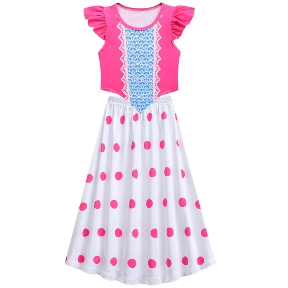 Halloween Costume Little Shepherdess Cosplay Outfits Flutter Sleeve Pink Top with White Polka Dot Long Skirt Set for Halloween Dress Up,Size 110