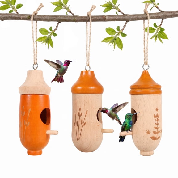3 Pack Hummingbird Houses for Outside Solid Beech Wood Hanging Birdhouse for Garden Decor