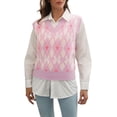 thumbnail image 2 of Womens Sweaters Retro Diamond Grid V Neck Sleeveless Knit Vest Preppy Style Soft Skin Friendly Versatile Top Pink L, 2 of 7