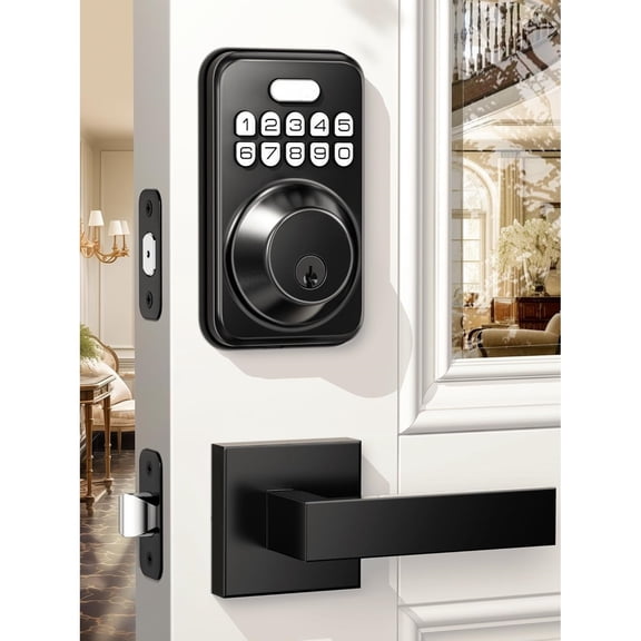 Keyless Entry Door Lock with 2 Lever Handles,Electronic Keypad Deadbolt, Auto-Locking, Anti-Peeping Password, Digital Code Door Lock, Front Door Handle Sets, Matte Black