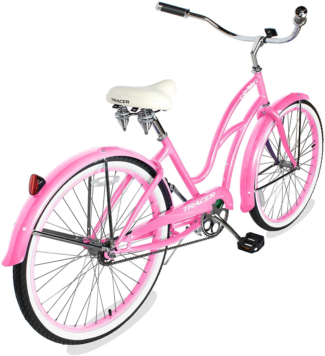 WonderWheels 26" Beach Cruiser Coaster Brake Stainless Steel Spokes One Piece Crank Alloy Orange Rims 36H W/ Fenders - Pink