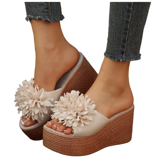 Rokment Flower Platform Dress Slides Sandals for Women Bride Wedding Beach Boho Fashion Leather Open Toe Chunky Extra Wedges Slip on High Heels Summer Shoes Beige Size 6.5