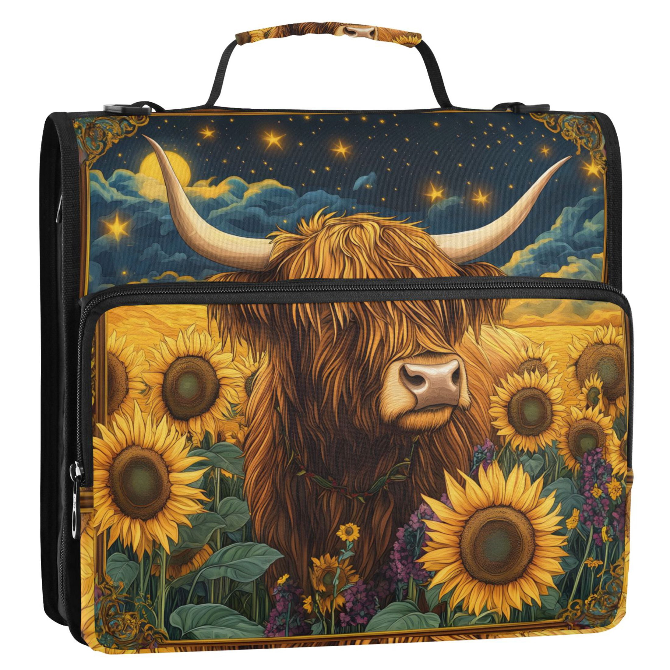 3 Ring Zipper Binder with Shoulder Strap Waterproof Trapper Keeper 2 Inch D-Ring 500 Sheets Capacity Highland Cow in Sunflowers Field