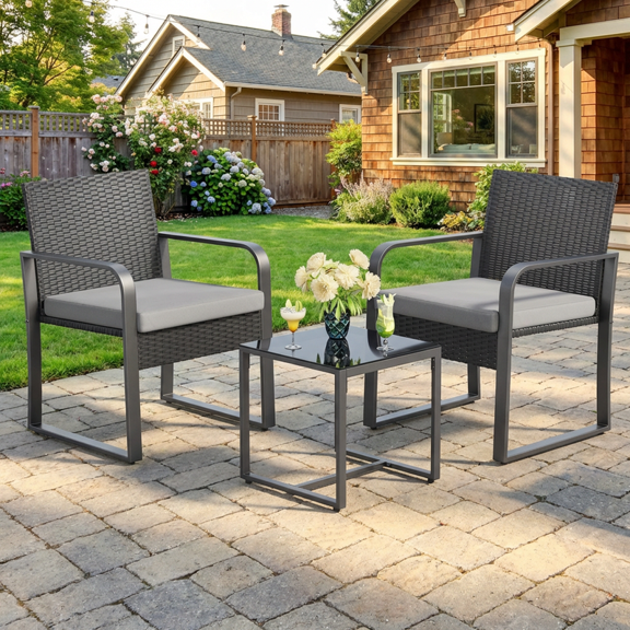 3-Piece Outdoor Patio Furniture Set, Patio Bistro Set with Glass Coffee Table & Gray Cushions, Outdoor Chairs Set for Garden, Porch, Yard, Balcony