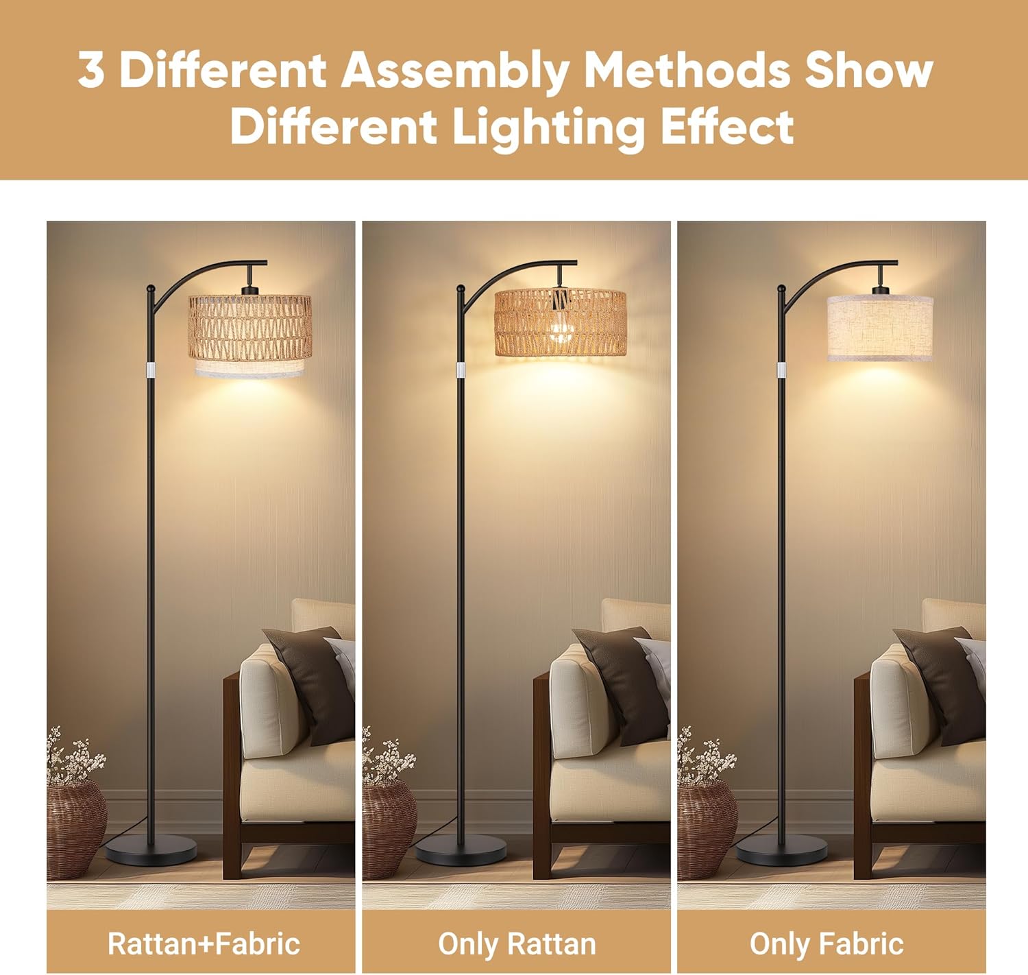 Boho Standing Lamps with Rattan& Linen Double Shades, Arc Lamps Floor Standing with 9W Bulb, Foot Switch, Rattan Floor Lamps for Living Room, Bedroom, Office-Drum