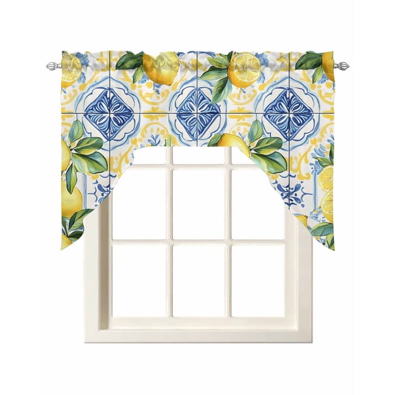 Botanical Lemon Kitchen Swag Valances for Windows, Spring Countryside Floral Blue Tile Swag Valances Curtains for Living Room, Rod Pocket Window Treatments for Bathroom, Bedroom, Cafe, 56"x36"