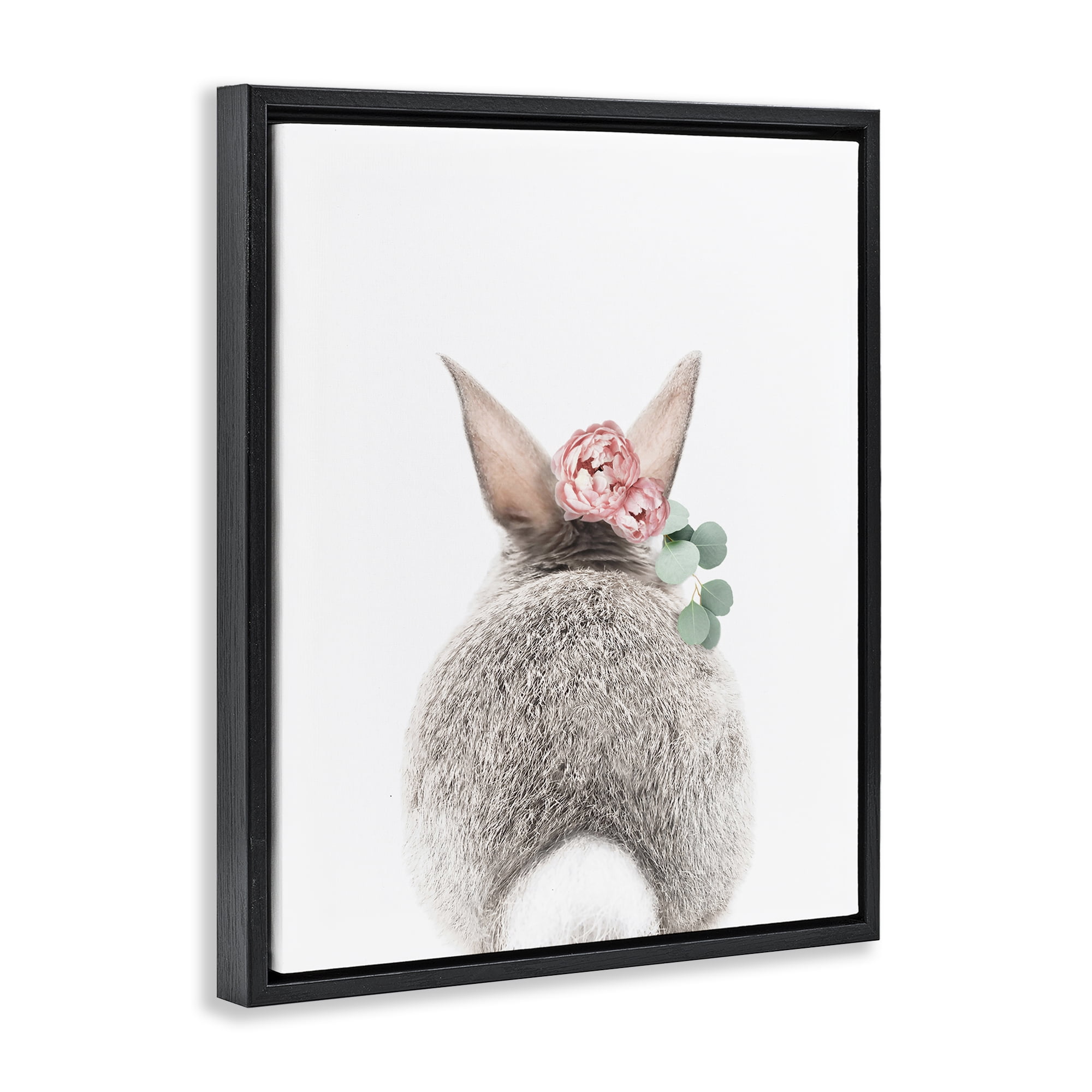 Stupell Industries Floral Bunny Tail Side Animals Painting Black Floater Framed Canvas Art Print Wall Art, 17 x 21