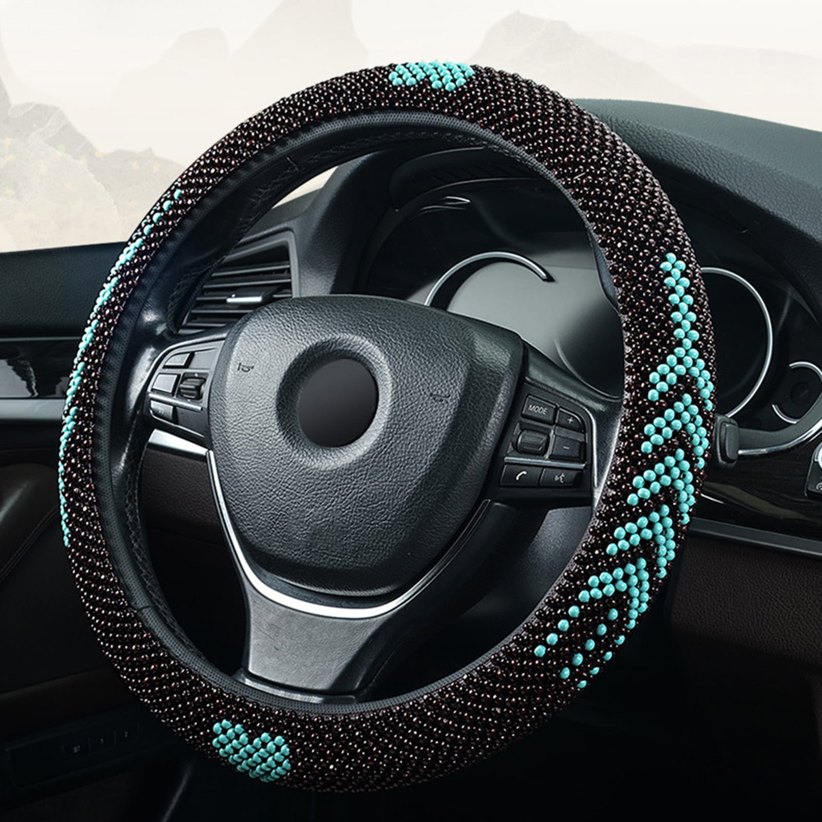 Happy Date Car Steering Wheel Cover,Delicate Workmanship Breathable Beaded Anti-Skid Perfect Decor Comfortable Grip Wooden Bead Steering Wheel Cover for Automobiles