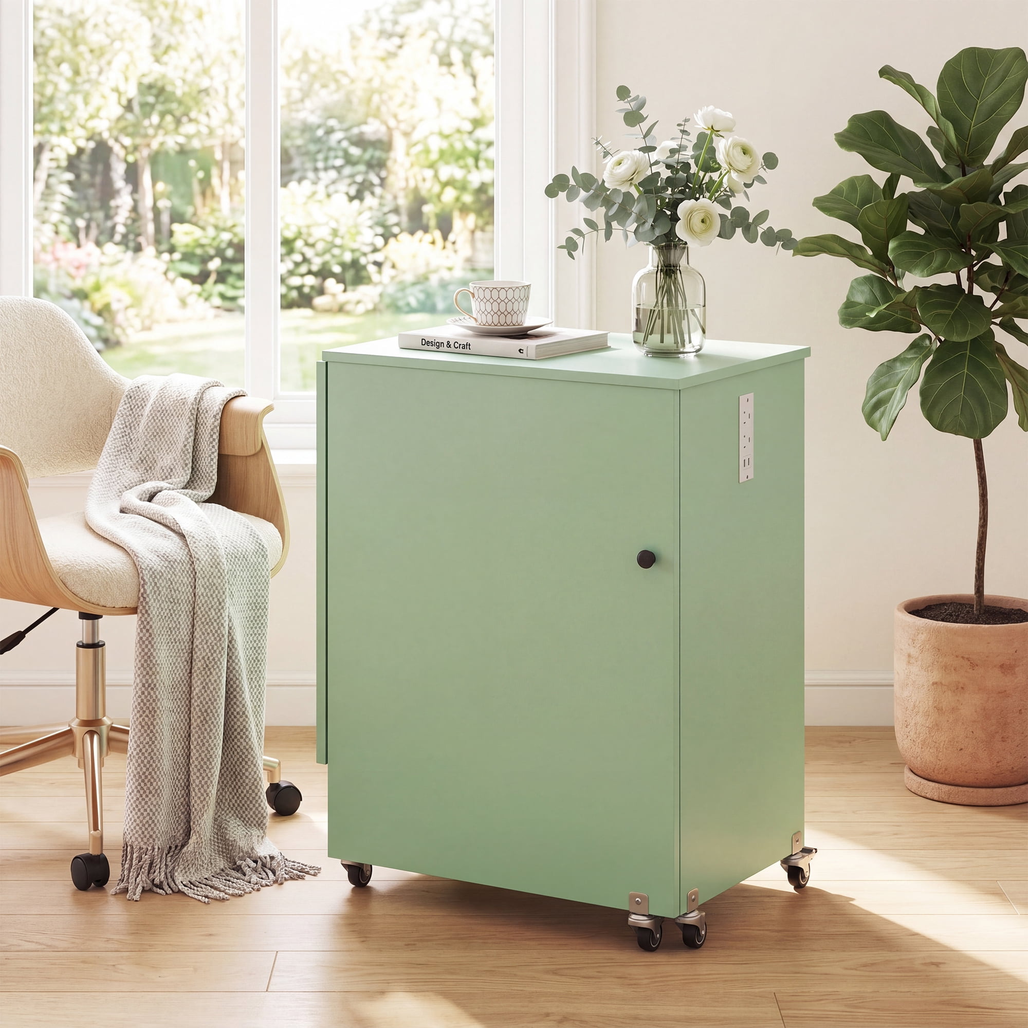 Costway Folding Sewing Machine Table with Power Outlets, 3 Storage Bins & Open Shelf Olive Green