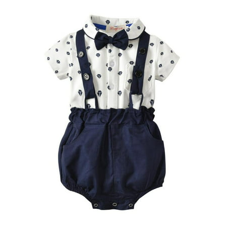 Baby Boys Bow Tie Shirt Romper + Suspender Shorts Set Toddler Gentleman Outfits Suits