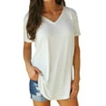thumbnail image 1 of Dinheiro Camiseta larga de manga corta con cuello en V y ajuste relajado para mujer, Blanco, L,, 1 of 5