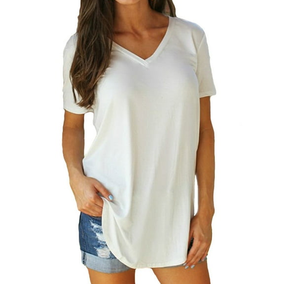 Women's Jersey Relaxed-Fit Short-Sleeve V-Neck Longline T-Shirt