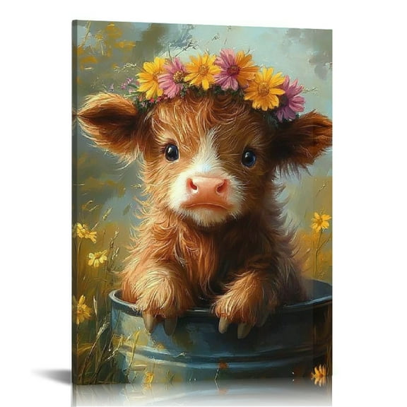 FCXZI Baby Cow Flower Crown Canvas Wall Art Home Decor 12x16 12x16in