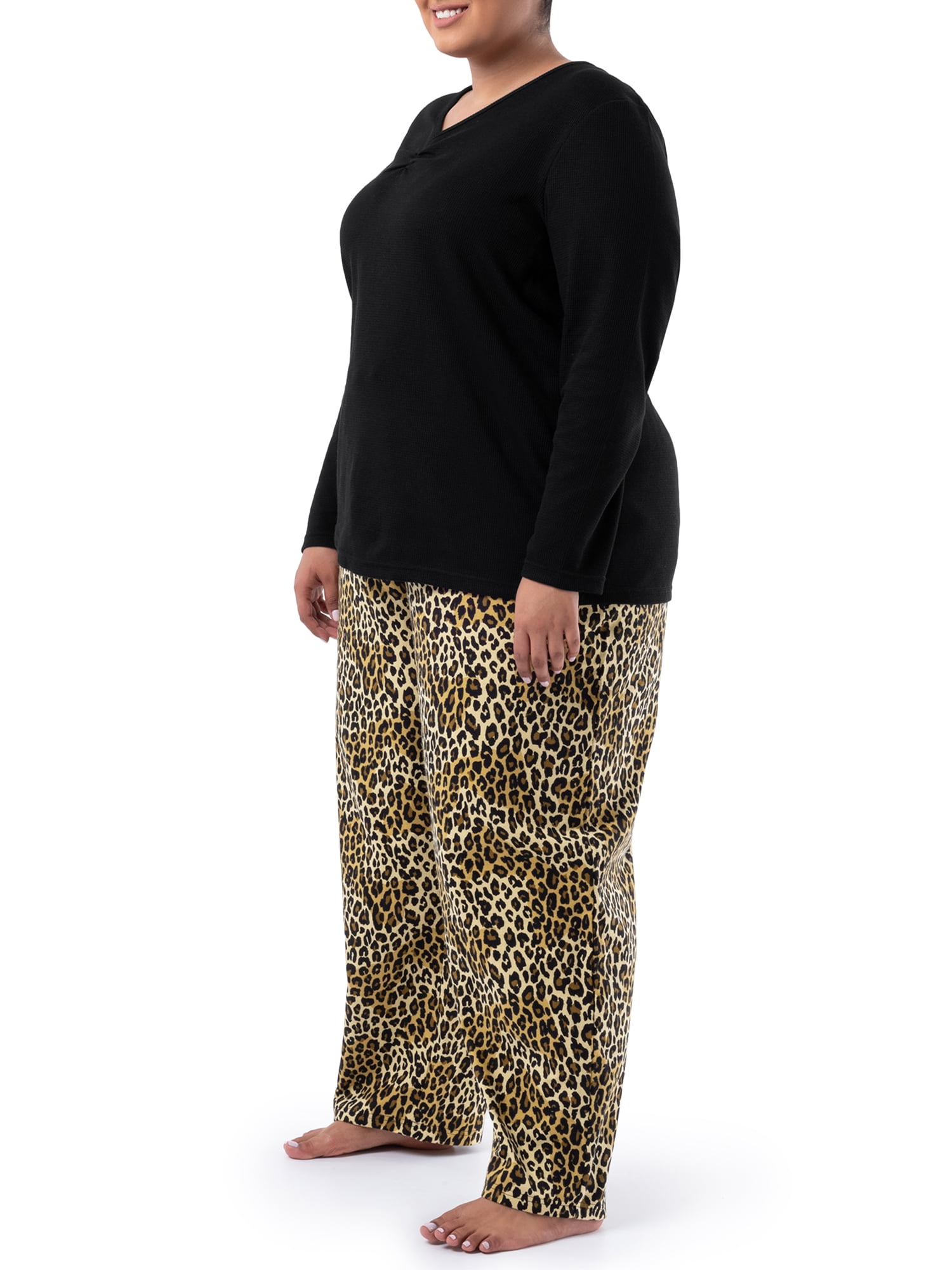 Fruit of the Loom Women's Beyond Soft Long Sleeve Waffle Top and Flannel Bottom Pajama Set, Sizes S-4X