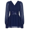 thumbnail image 3 of TiaoBug Womens Wrap V Neck Long Sleeve Peplum Top Sequin See-Through Ruffled Dressy Chiffon Blouse Dark Blue XXL, 3 of 7