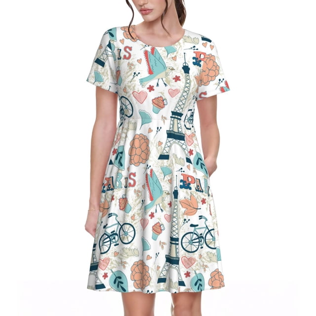 Balery Eiffel Tower Vestidos sueltos de manga corta para mujer, vestidos de verano 2025, vestidos casuales de corte A con vuelo.