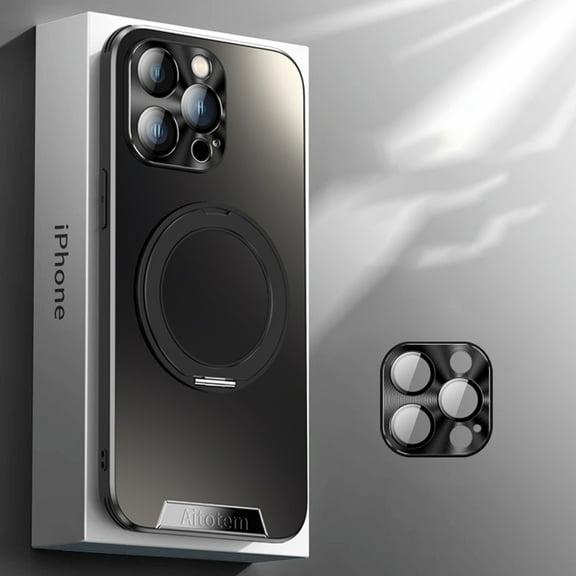 ELEHOLD for iPhone 16 Pro Max Case, Compatible with Mag safe Accessory Thin Fit Full Lens Film Protection Electroplate Ring Stand Frosted Shockpeoof Case for iPhone 16 Pro Max,Black